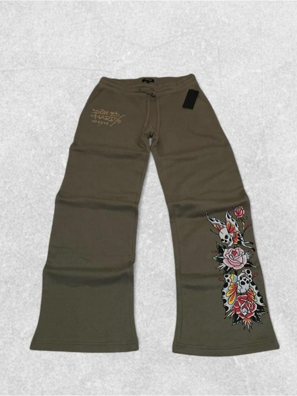Ed Hardy Olive Wide Leg Pants with Floral Skull Graphic